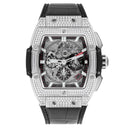 Hublot Spirit of Big Bang Titanium Pave 42mm Watch 641.NX.0173.LR.1704 Skeleton Dial, Black Leather Strap
