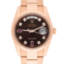 Rolex Day-Date 36 Ruby Baguette Diamond Dial 18k Rose Gold Watch 118205