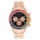 Custom Rolex Cosmograph Daytona 116505 Rainbow Bezel Diamond Lugs Black Dial 18K Rose Gold Watch