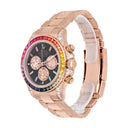 Custom Rolex Cosmograph Daytona 116505 Rainbow Bezel Diamond Lugs Black Dial 18K Rose Gold Watch