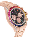 Custom Rolex Cosmograph Daytona 116505 Rainbow Bezel Diamond Lugs Black Dial 18K Rose Gold Watch