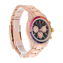 Custom Rolex Cosmograph Daytona 116505 Rainbow Bezel Diamond Lugs Black Dial 18K Rose Gold Watch