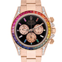 Custom Rolex Cosmograph Daytona 116505 Rainbow Bezel Diamond Lugs Black Dial 18K Rose Gold Watch