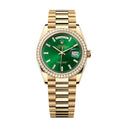 Rolex 36mm Day-Date 128348RBR-0018 Yellow Gold with Diamond Bezel & Green Baguette Dial Watch 2024