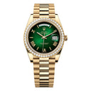 Rolex Day Date 228348TBR-0045 Baguette Bezel Yellow Gold Watch Green Ombre Roman Dial 2024