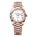 Rolex Day-Date 40 Rose Gold Fluted Bezel 228235-0032 White Bevelled Roman Dial President Bracelet 2024