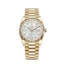 Rolex 36MM Day Date 128238-0011 Yellow Gold Watch MOP Baguette Diamond Dial 2024